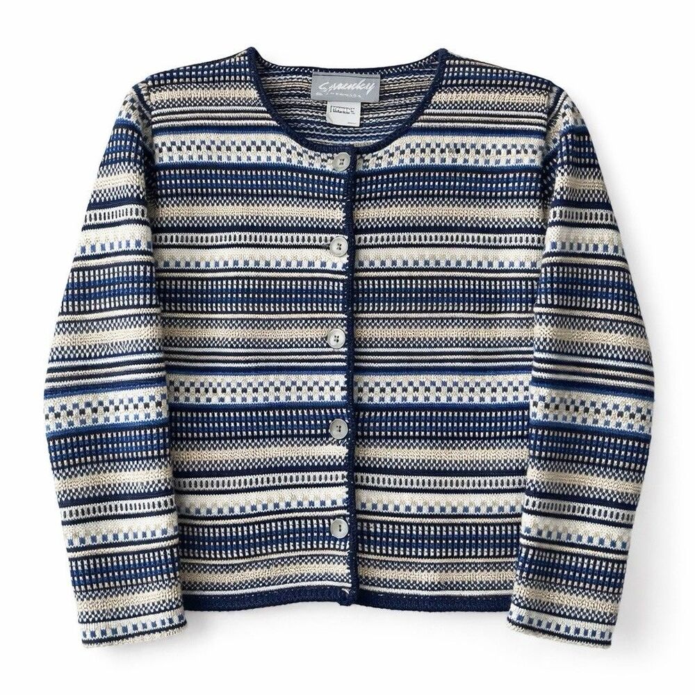 Vintage Spunky USA Knit Cardigan Women Medium Blue Cream Striped Button Front